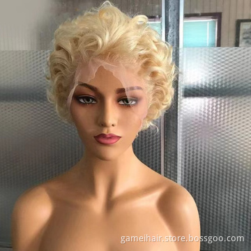 150% Density Brazilian Remy Curly Wig For Black Women Curly Brazilian Remy  Hair 13x1 Lace Wigs Short Blond Pixie Human Hair